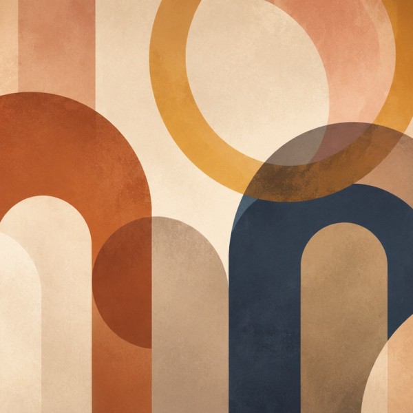 Arches, demi-cercles et anneaux se chevauchant en transparence sur palette chaude.