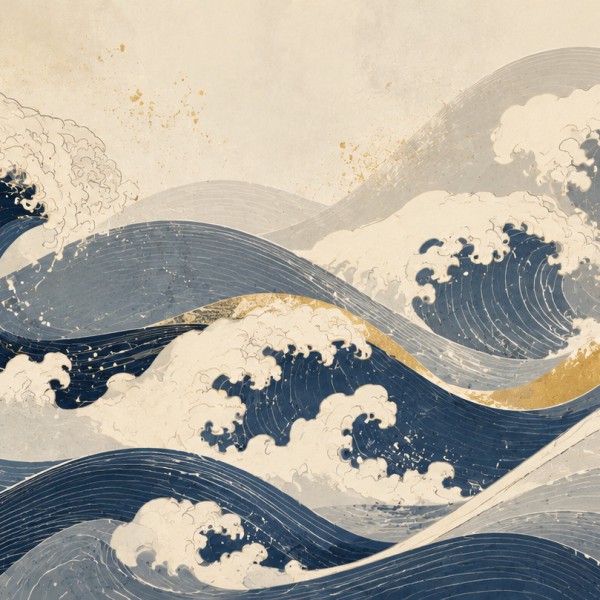 Vagues stylisées et écumes graphiques inspirées des estampes japonaises réinterprétées.