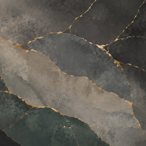 Dégradé minéral profond traversé de fines failles dorées façon kintsugi.