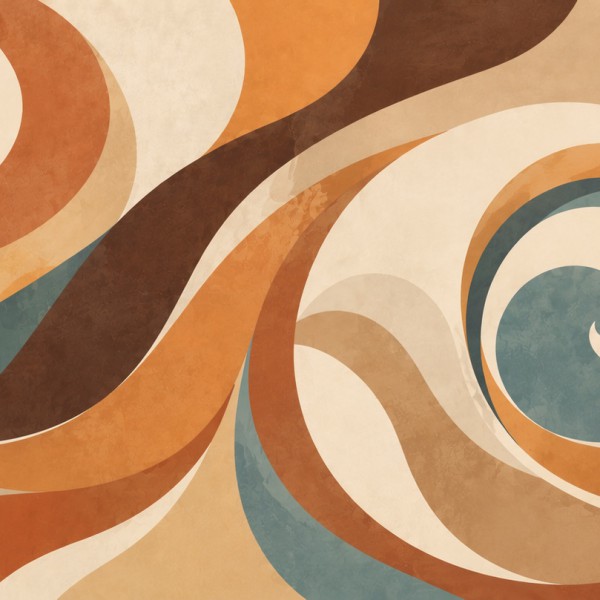 Spirales et formes courbes en rotation douce sur palette chaude et contemporaine.