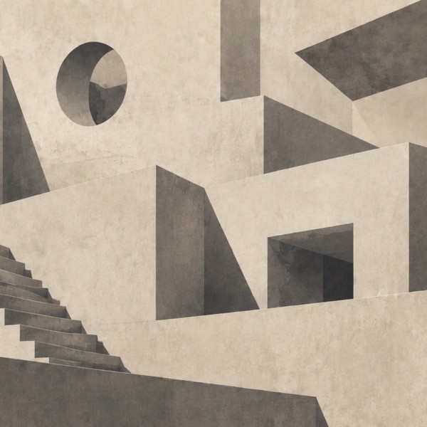 Trompe-l'œil de volumes de béton clair s'imbriquant, ombres franches et géométriques.