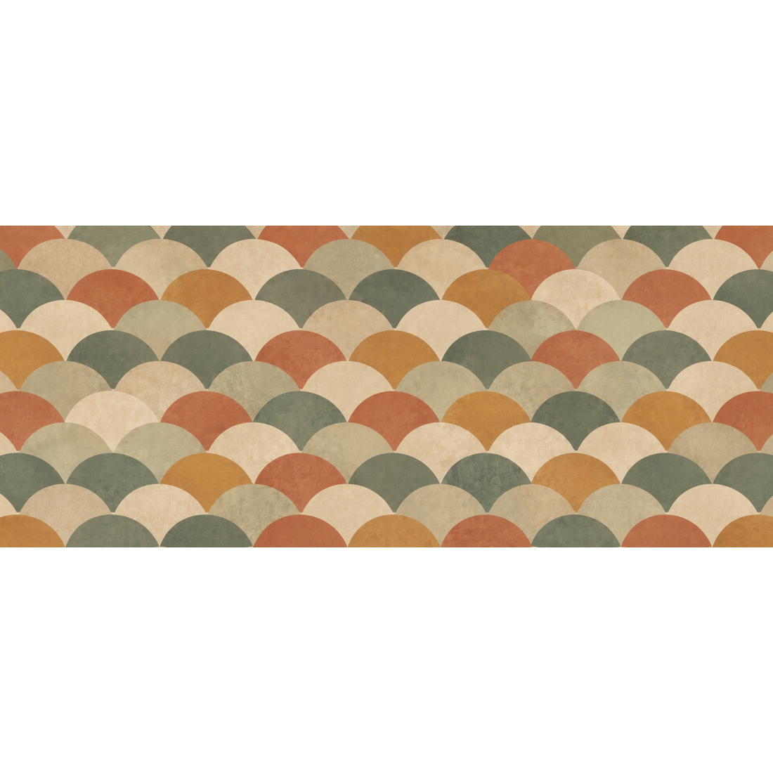 Motif all-over d'écailles et de demi-lunes imbriquées façon tuilage régulier.