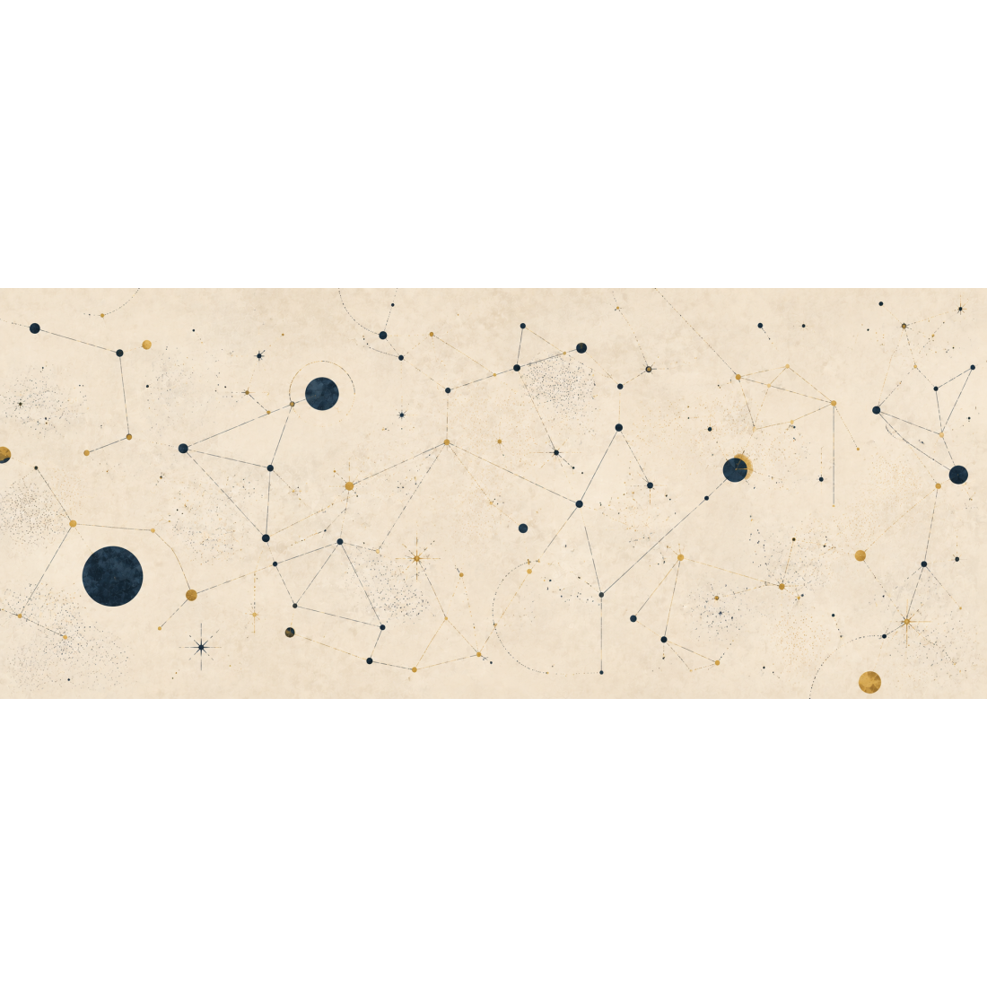Points, lignes et polygones reliés en constellation géométrique sur grand vide crème.