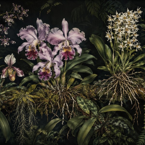 Orchidées épiphytes – fresque panoramique botanique : orchidées et plantes épiphytes suspendues sur fond sombre profond.