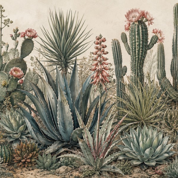 Cactus et plantes grasses – fresque panoramique botanique : composition de cactus, agaves et aloès sur fond sablé.