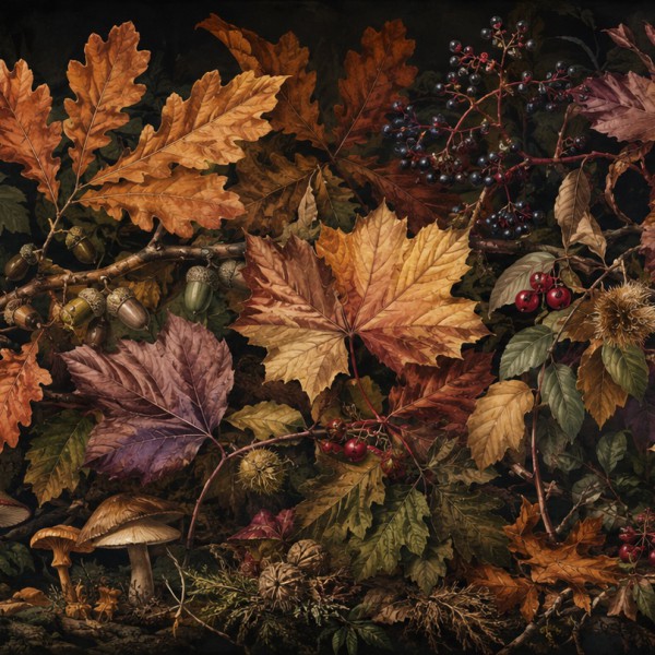 Feuillages d'automne – fresque panoramique botanique : branches de chêne et d'érable aux feuilles rousses sur fond sombre.