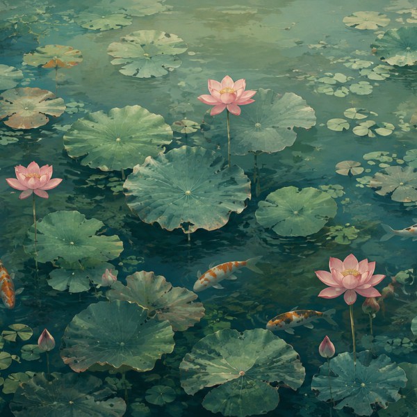 Bassin de lotus et carpes – fresque panoramique botanique : lotus en fleurs et carpes koï vus en plongée douce.