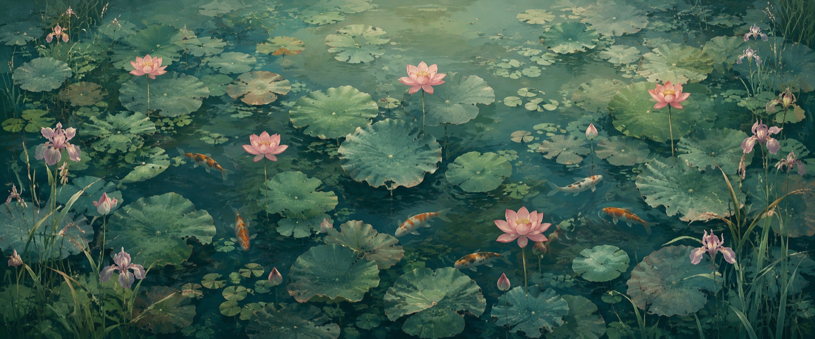 Bassin de lotus et carpes