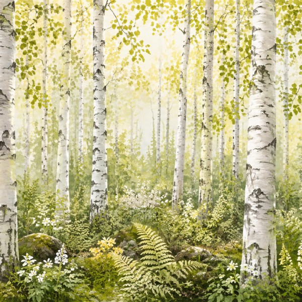 Forêt de bouleaux – fresque panoramique botanique : troncs blancs élancés dans une lumière dorée.