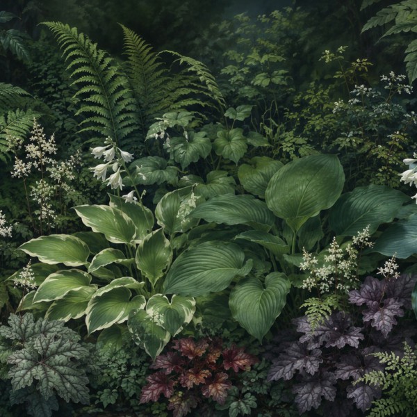 Fougères et hostas – fresque panoramique botanique : jardin ombragé de fougères, hostas et heuchères sur fond sombre.
