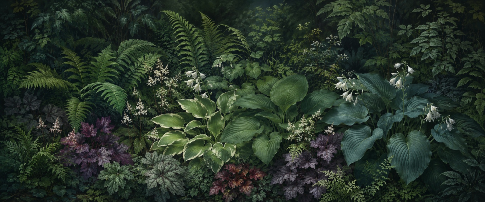 Fougères et hostas