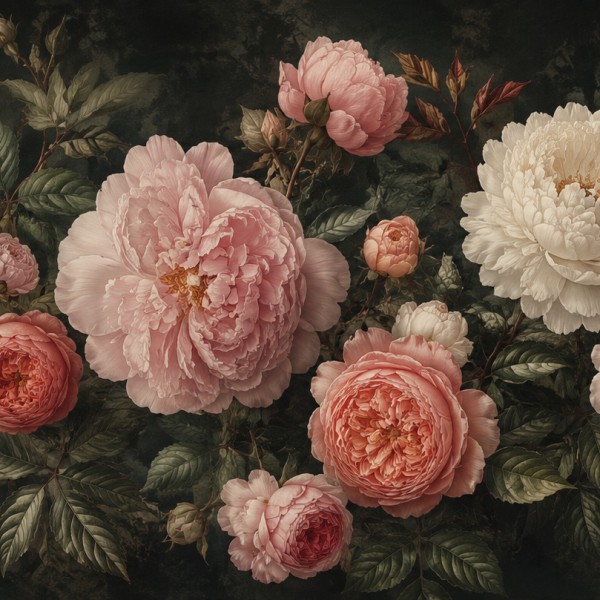 Pivoines et roses anciennes – fresque panoramique botanique : grande composition florale épanouie sur fond sombre.