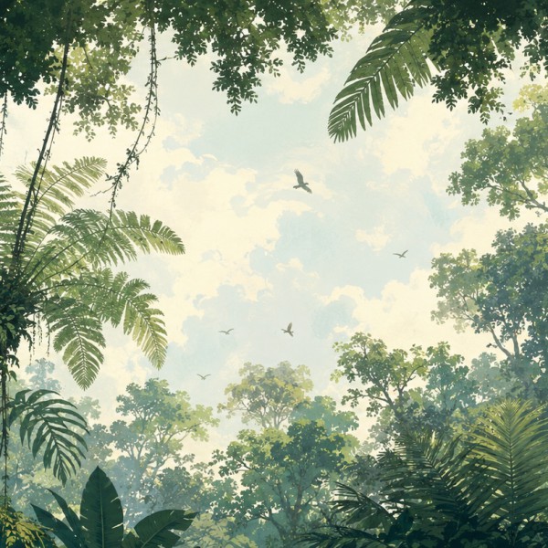Canopée tropicale – fresque panoramique botanique : frondaisons vues en contre-plongée sur un ciel lumineux.