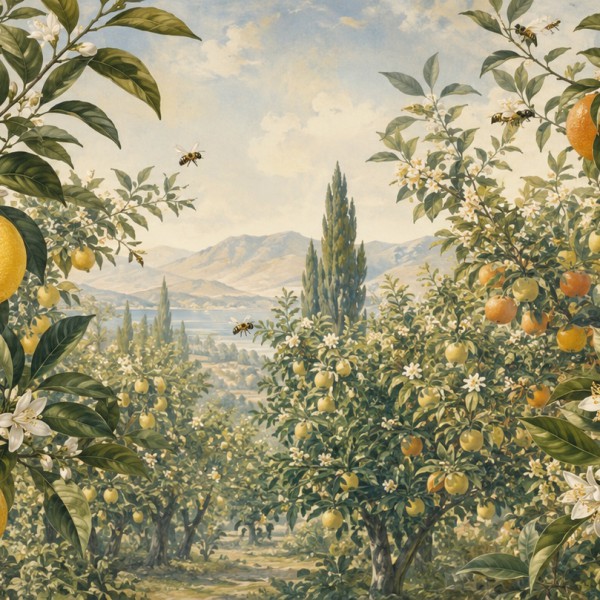 Verger d'agrumes – fresque panoramique botanique : citronniers et orangers en fleurs et fruits sous une lumière méditerranéenne.