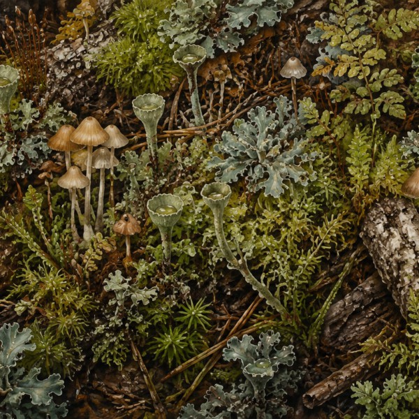 Mousses et lichens – fresque panoramique botanique : gros plan sur un sol de forêt de mousses, lichens et champignons.