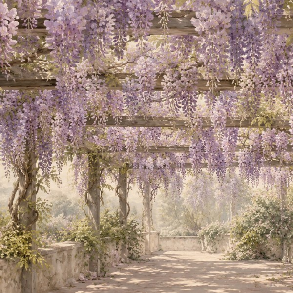 Glycine en cascade – fresque panoramique botanique : pergola croulant sous des grappes mauves de glycine.