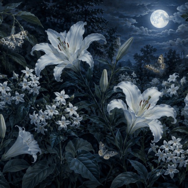 Jardin nocturne – fresque panoramique botanique : fleurs blanches lumineuses sous une lueur lunaire bleutée.