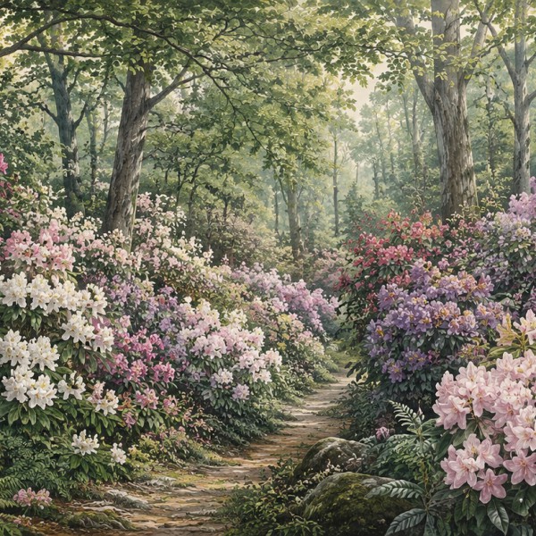 Sous-bois de rhododendrons – fresque panoramique botanique : massifs en fleurs bordant un sentier sinueux.