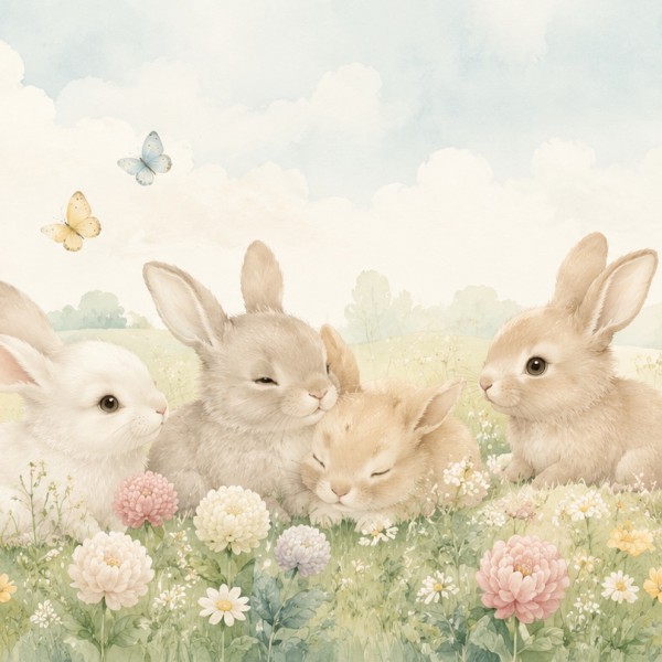 Petits lapins dans un pré fleuri — Manufacture Arssans