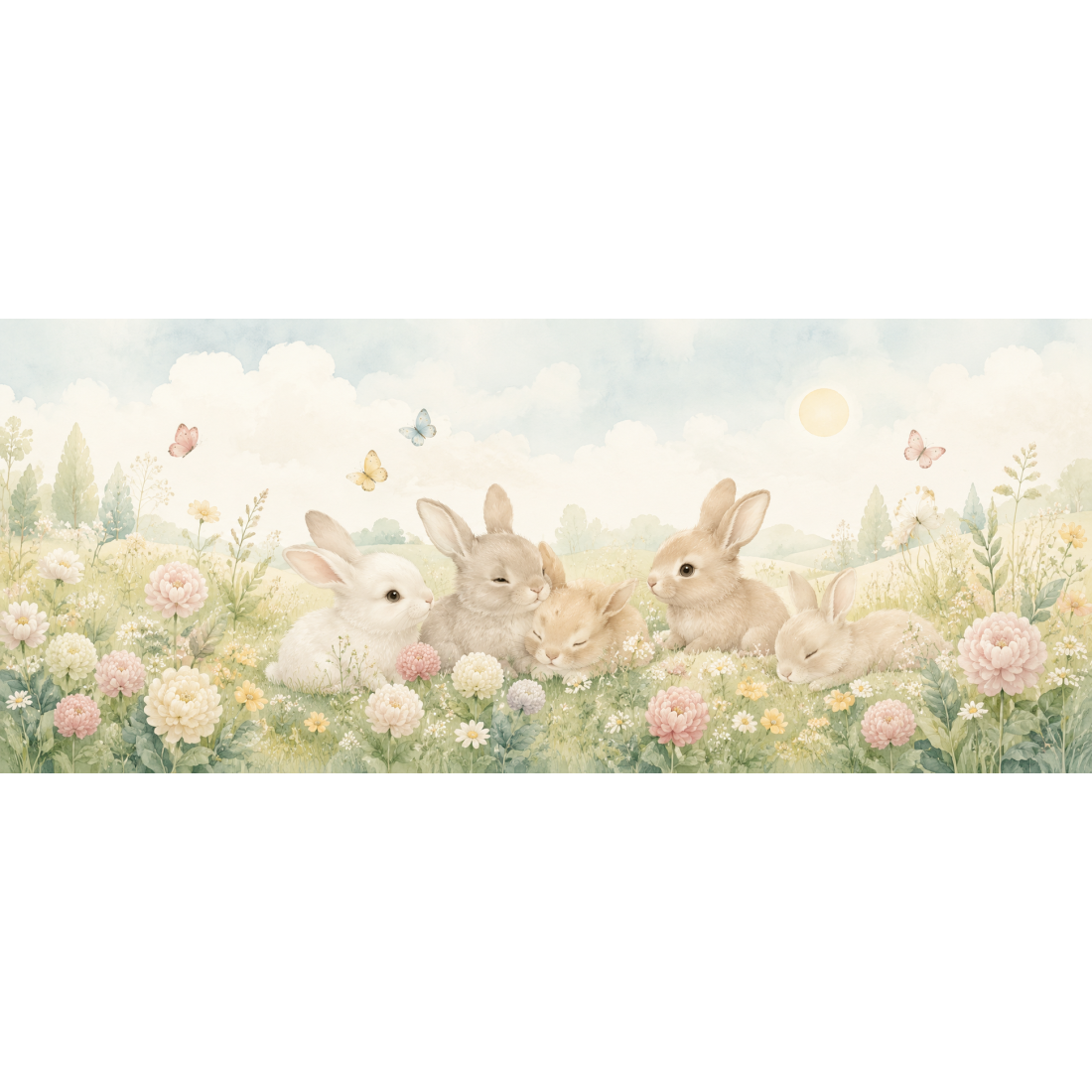Petits lapins blottis dans un pré fleuri, aquarelle tendre pour la nursery