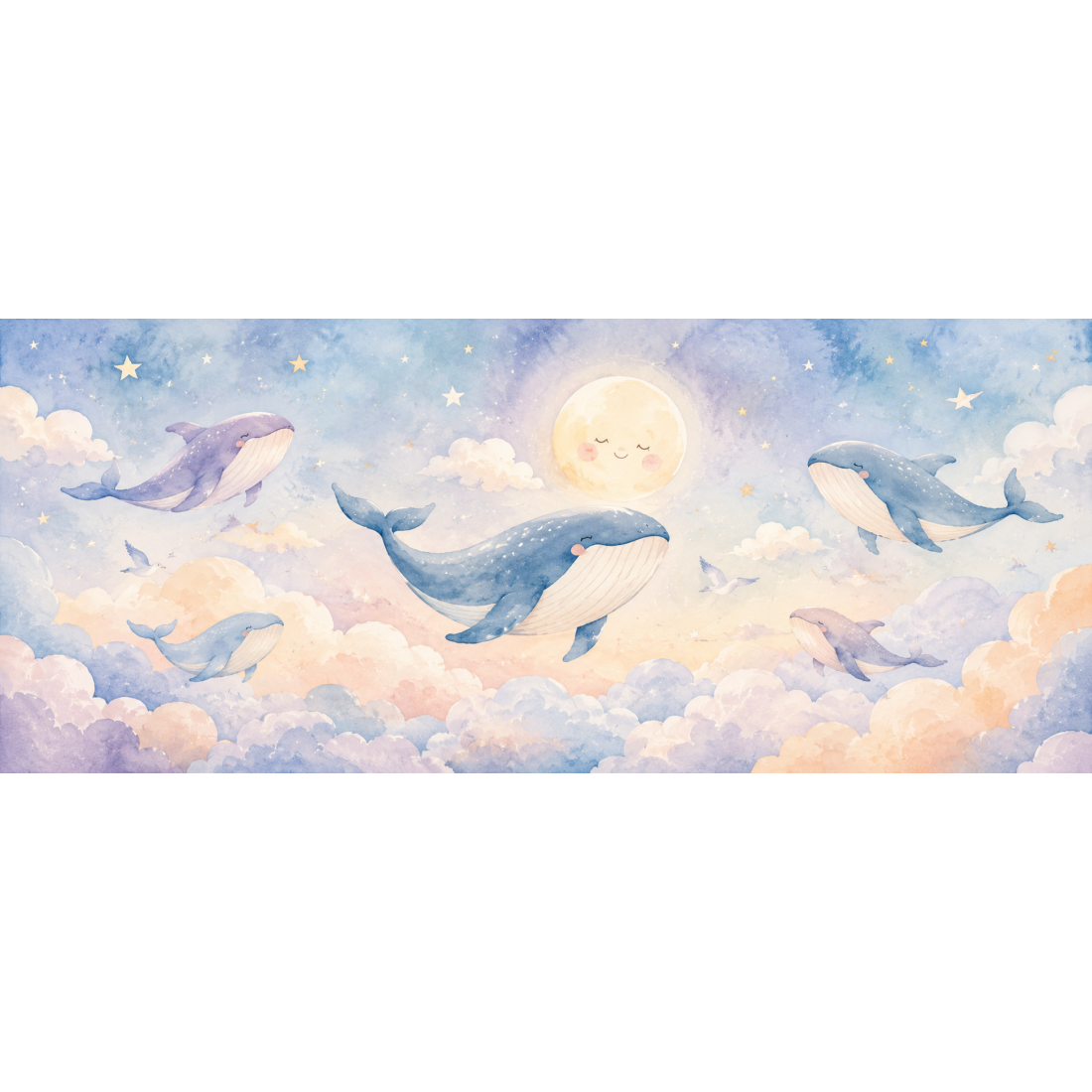 Douces baleines volantes parmi les nuages cotonneux, aquarelle pastel pour la nursery