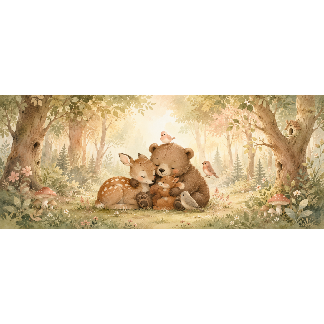 Petit ours câlinant un faon et ses amis oiseaux, aquarelle tendre en clairière