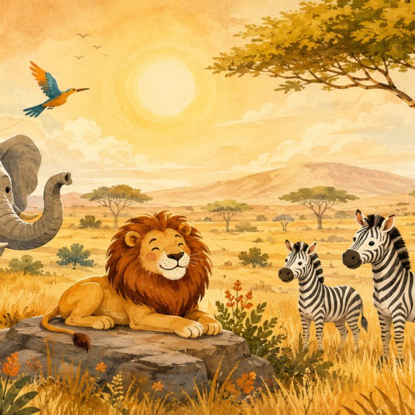 Éléphant, lion, girafe et zèbres amicaux dans une savane dorée, illustration peinte