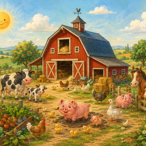 Grange rouge, animaux de la ferme et potager coloré sous un soleil souriant