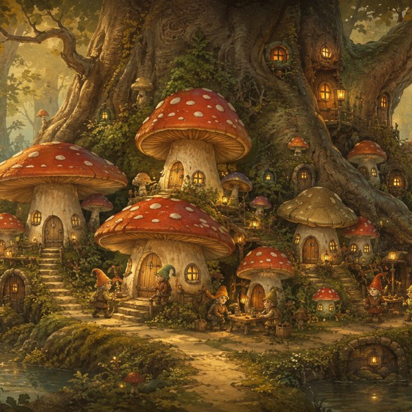 Village de conte niché dans de grands champignons, illustration peinte à l'ancienne