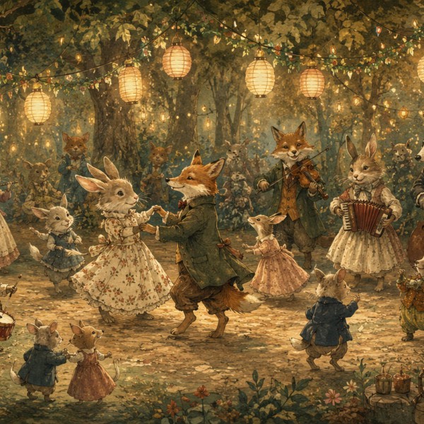Animaux habillés jouant de la musique et dansant sous les lanternes, illustration à l'ancienne