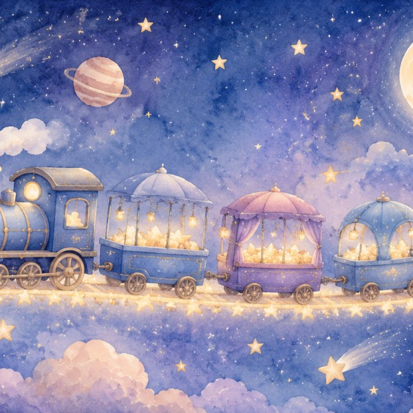 Petit train roulant sur une voie d'étoiles dans un ciel nocturne doux