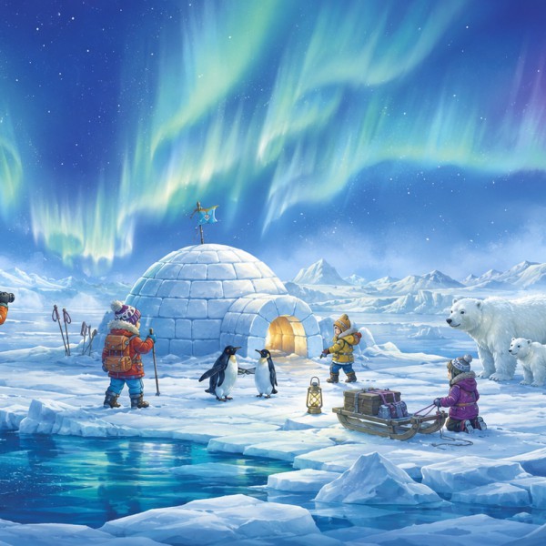 Igloo, traîneau, manchots et ours blancs sous les aurores boréales, illustration peinte