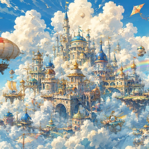 Cité imaginaire bâtie sur les nuages, machines volantes et cerfs-volants géants