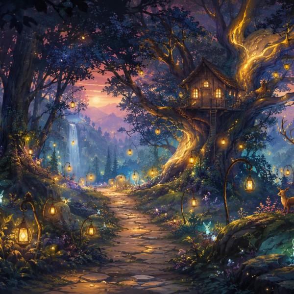 Sentier de lanternes au cœur d'une forêt magique, renard et cerf fantastiques