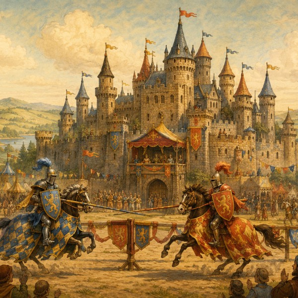 Tournoi de chevaliers devant un château fort, dragons amicaux et étendards colorés