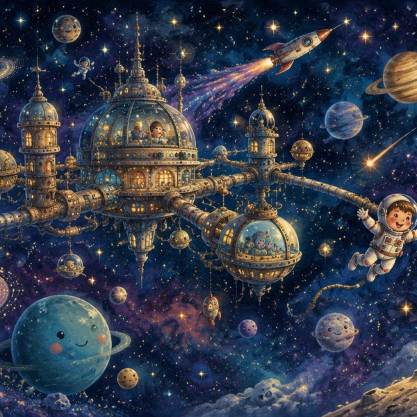 Station spatiale fantaisiste, planètes amicales et jeunes explorateurs flottant dans le cosmos