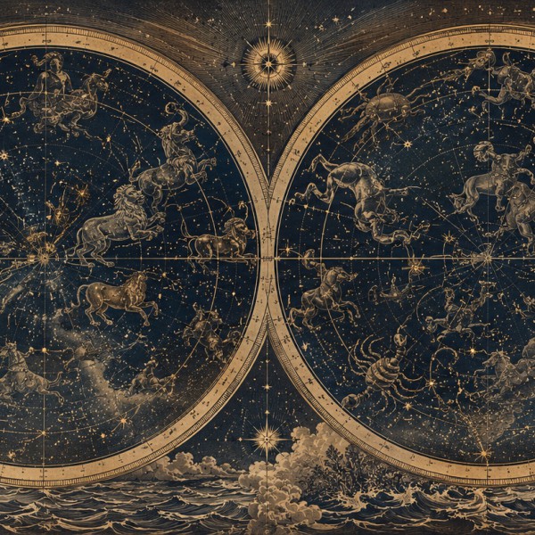 Carte céleste des deux hémisphères — fresque panoramique carte ancienne, deux planisphères étoilés bordés d'allégories des vents