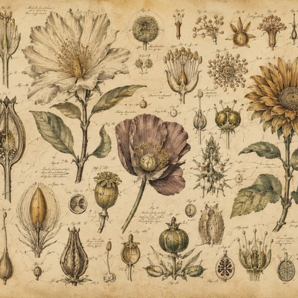 Planche d'anatomie botanique — fresque panoramique carte ancienne, fleurs et fruits disséqués en coupes sur fond crème patiné.