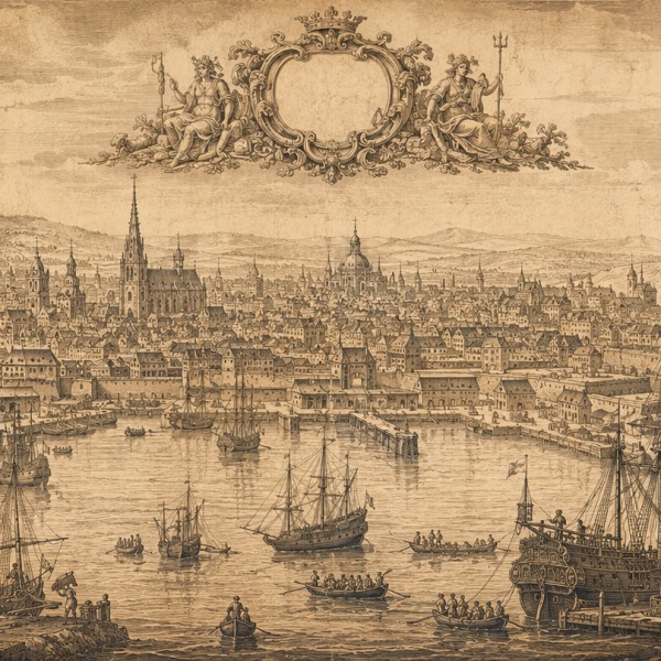 Cité portuaire ancienne — fresque panoramique carte ancienne, quais animés, forêt de mâts et fortifications gravés à l'encre bru