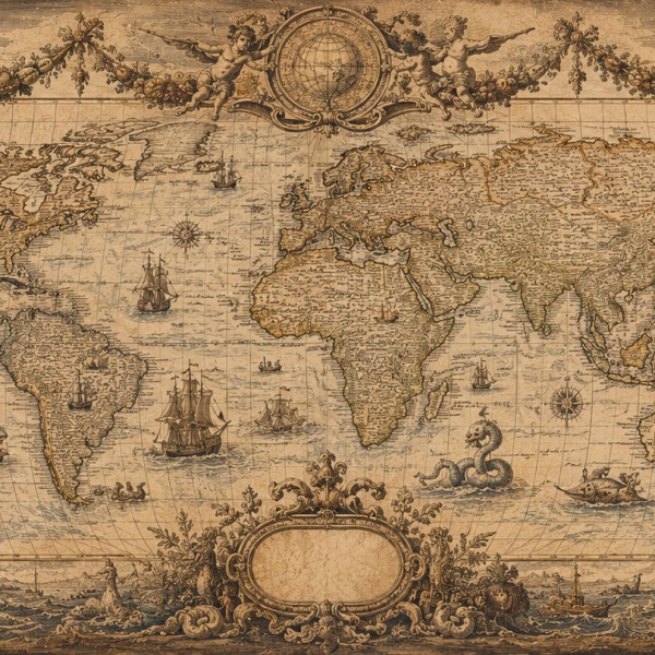 Mappemonde à fuseaux et allégories — fresque panoramique carte ancienne, continents gravés et angles ornés d'allégories des quat