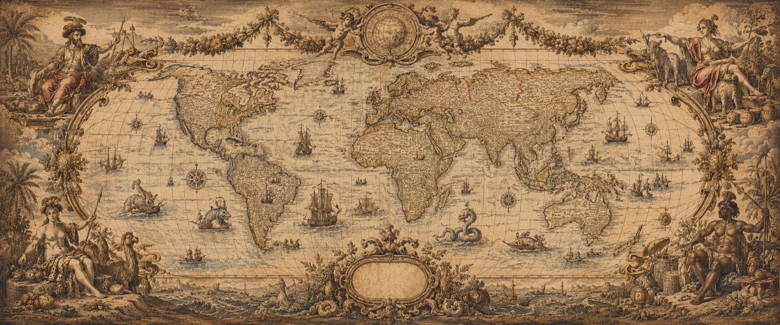 Mappemonde à fuseaux et allégories