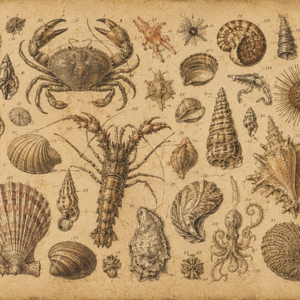 Étude de coquillages et créatures marines — fresque panoramique carte ancienne, coquillages, oursins et crustacés numérotés en c