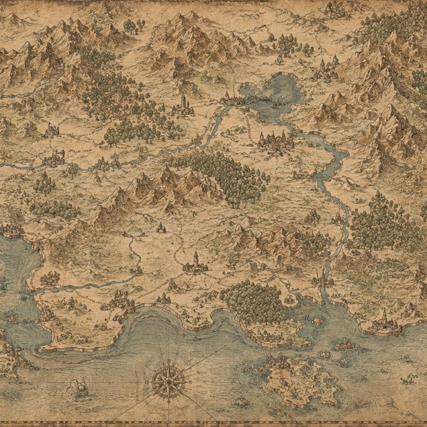 Carte d'une région imaginaire — fresque panoramique carte ancienne, reliefs hachurés, forêts symbolisées et rivières serpentant 