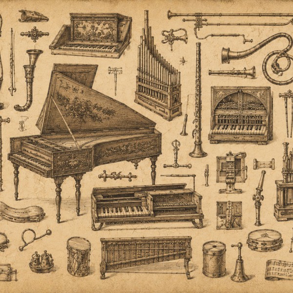 Recueil d'instruments de musique anciens — fresque panoramique carte ancienne, luths, violes, clavecin et orgues portatifs gravé