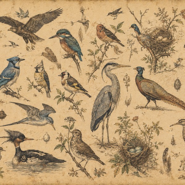 Planche ornithologique — fresque panoramique carte ancienne, oiseaux variés gravés et aquarellés, perchés et en vol parmi branch