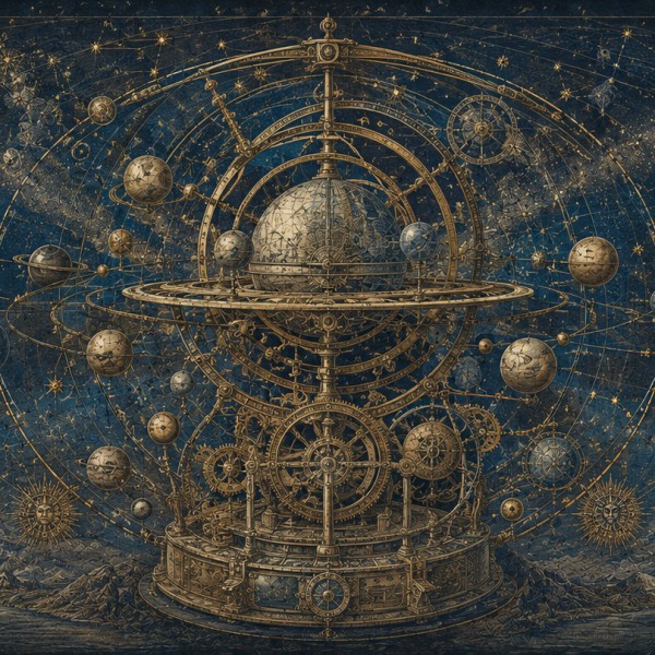 Carte stellaire et machine planétaire — fresque panoramique carte ancienne, planétaire mécanique aux engrenages gravés sur ciel 