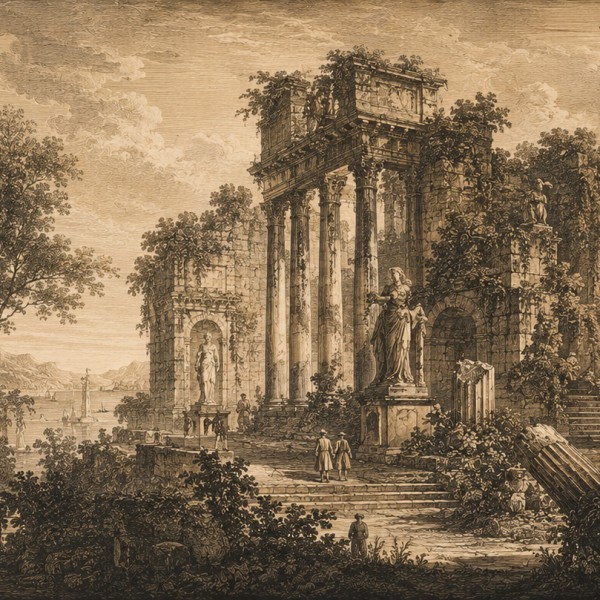 Ruines et jardins à l'antique — fresque panoramique carte ancienne, colonnes brisées et statues moussues envahies par la végétat