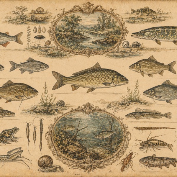 Atlas des poissons d'eau douce — fresque panoramique carte ancienne, poissons et créatures de rivière gravés et aquarellés en re