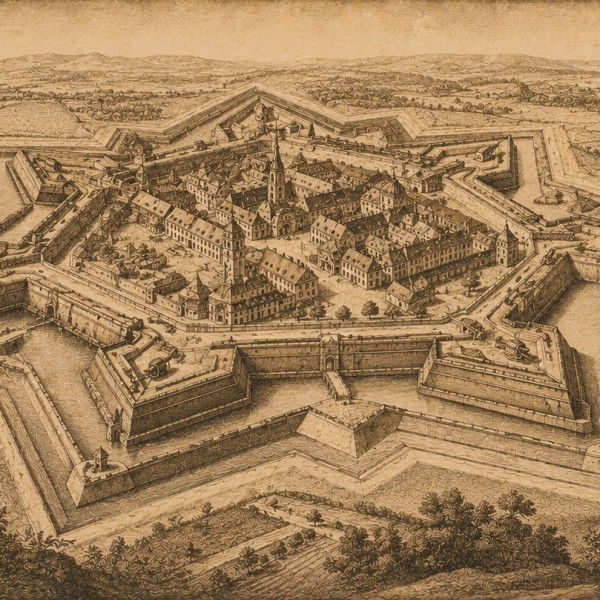 Plan-relief d'une forteresse — fresque panoramique carte ancienne, remparts en étoile, fossés et bastions vus en perspective cav