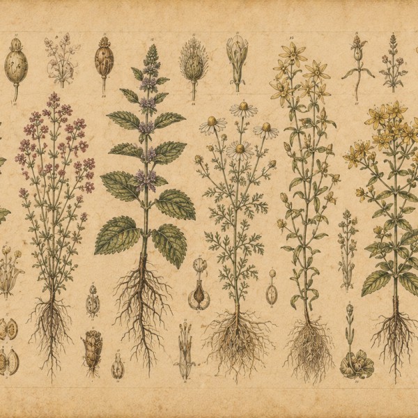Herbier de plantes médicinales — fresque panoramique carte ancienne, simples et aromatiques dessinés racines comprises sur fond 